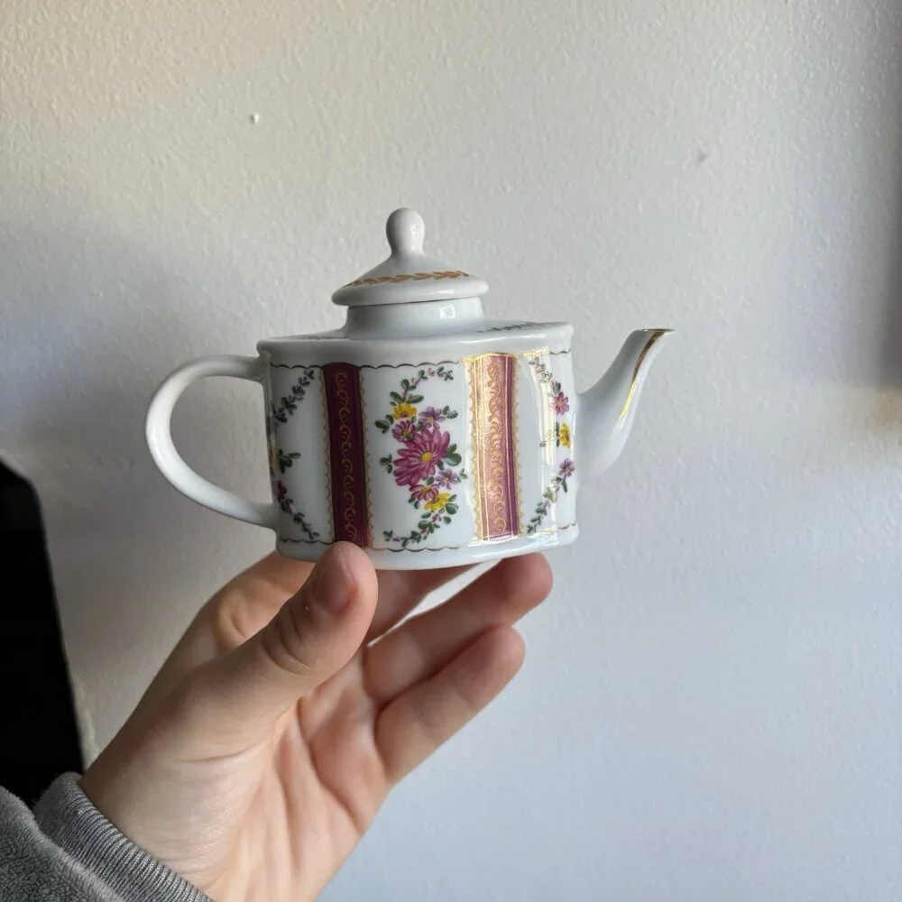 Vintage Bone‎ China Small White Pink Floral Tea Pot Gold Strips Doll